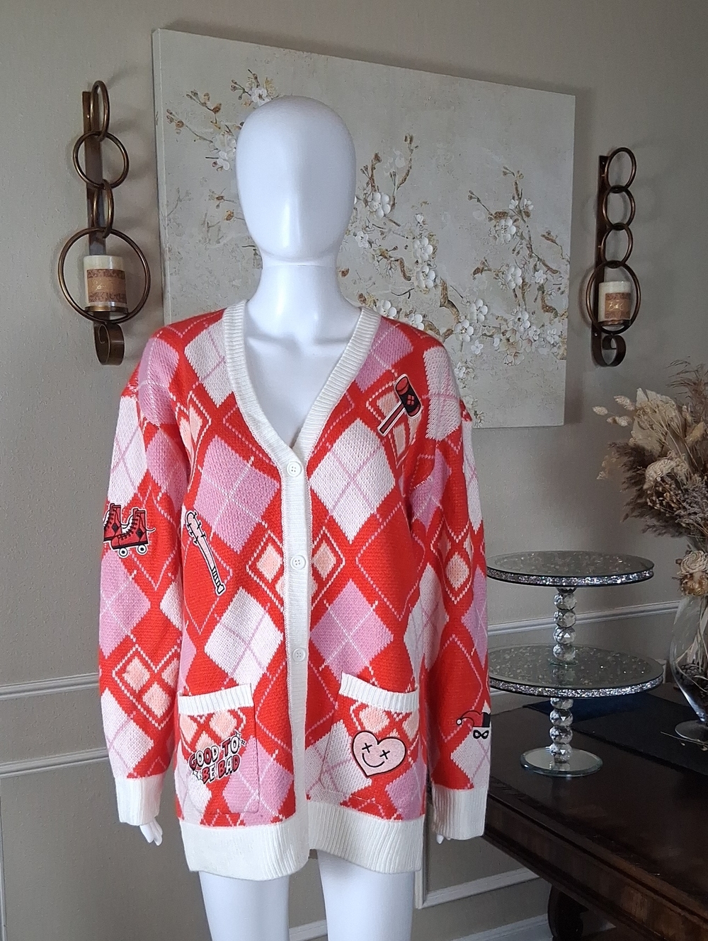 Women's Harley Quinn Diamond V-neck Long Sleeves Cardigan Sweater  Medium - Picture 4 of 16
